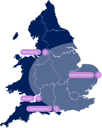 Map of the UK highlighting Manchester, Bristol, Southampton, Great Yarmouth.