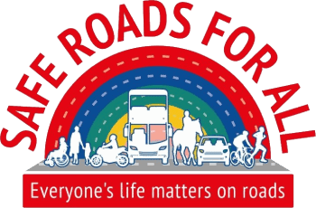 Road safety campaign logo featuring diverse road users.