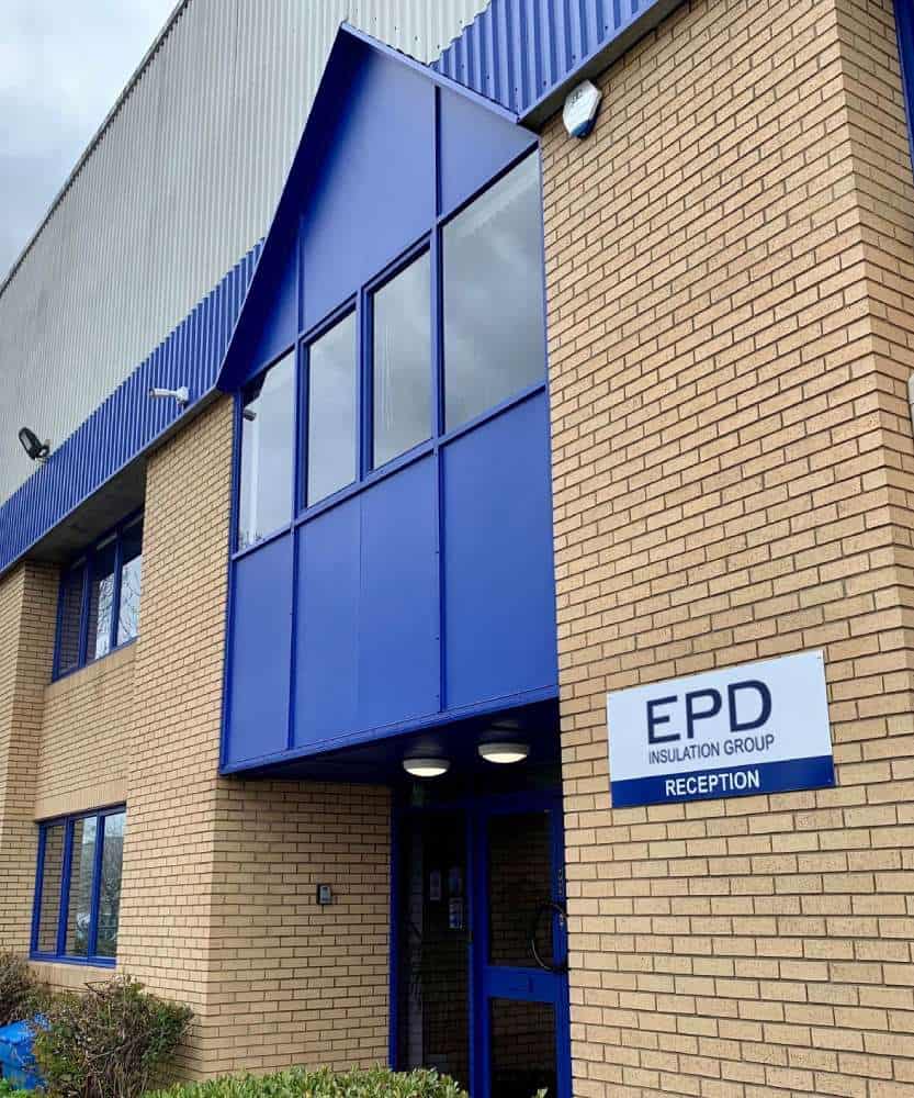 EPD Insulation Group building with blue accents and sign.