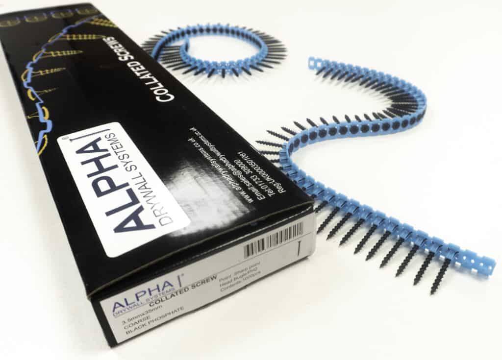 Box of Alpha collated drywall screws and blue strips