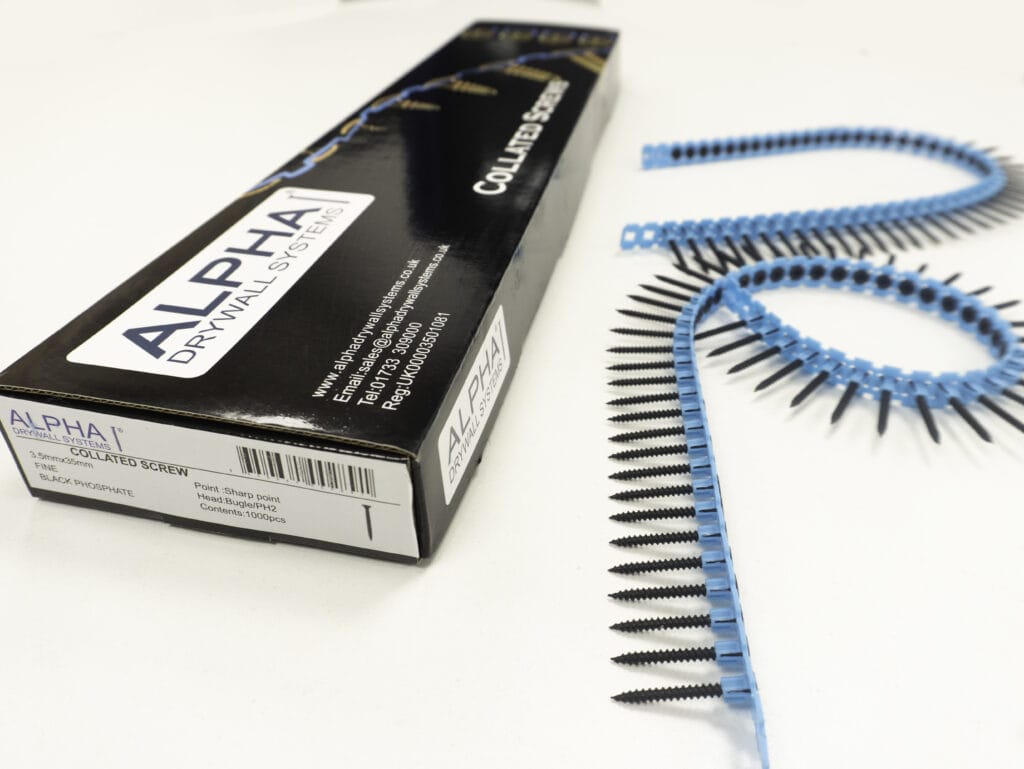 Box of Alpha collated drywall screws and strips