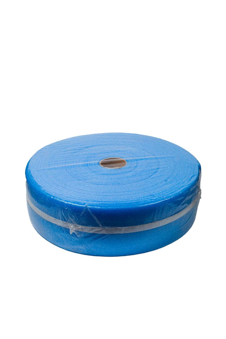 Blue shrink-wrapped industrial foam roll on white