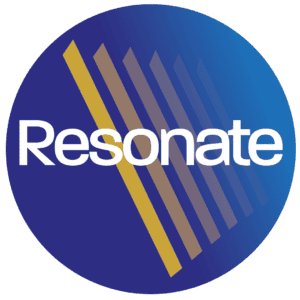 Resonate logo with stylized blue and gold design